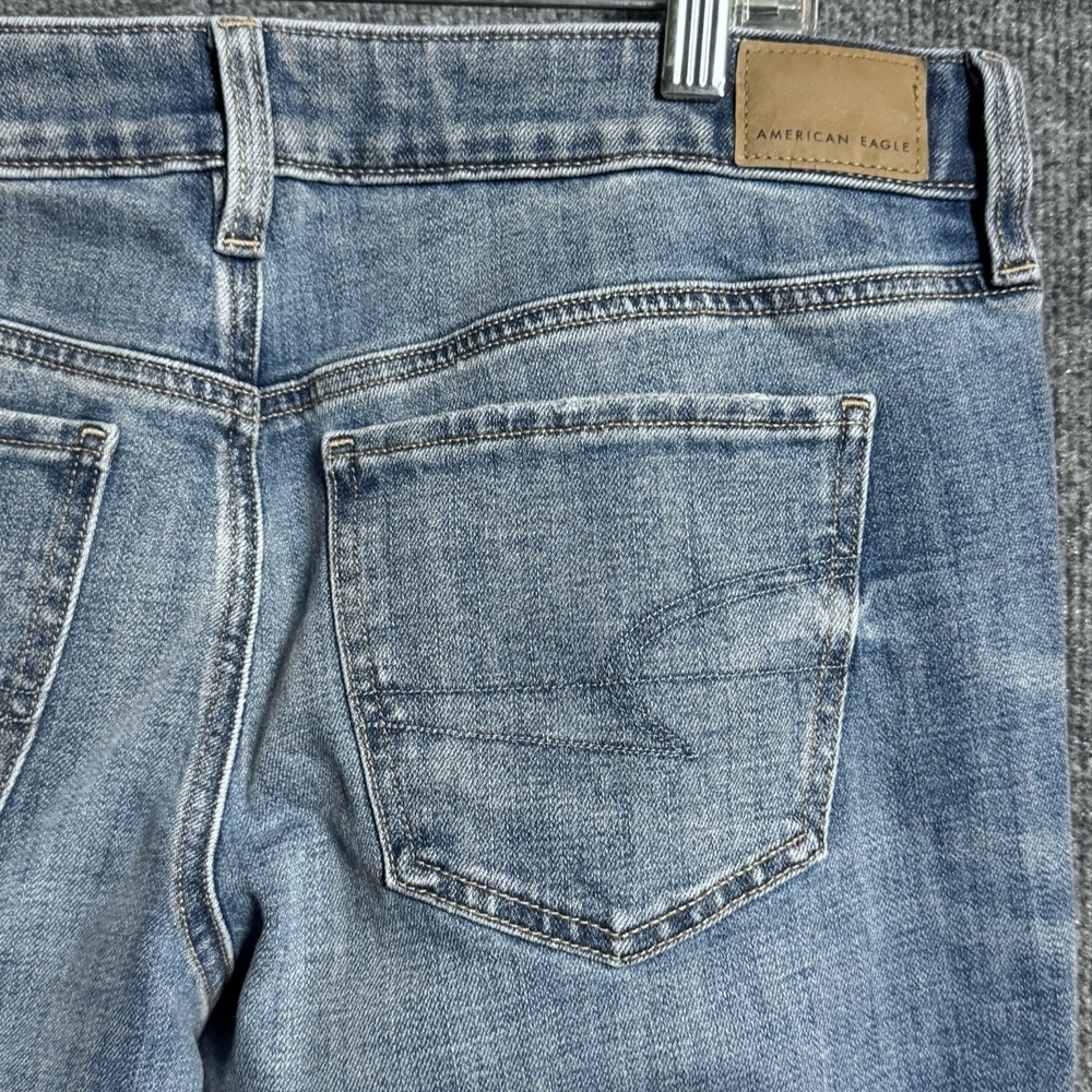 American Eagle Kick Boot Jeans 10 Super Low Rise Distressed Stretch Y2K Blue 30W - Picture 13 of 14